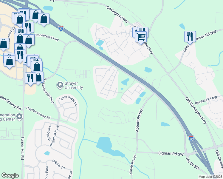 map of restaurants, bars, coffee shops, grocery stores, and more near 3182 Haynes Park Street in Stonecrest
