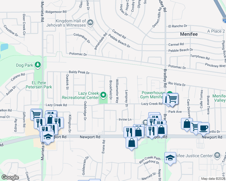 map of restaurants, bars, coffee shops, grocery stores, and more near 29693 Brookfield Drive in Menifee