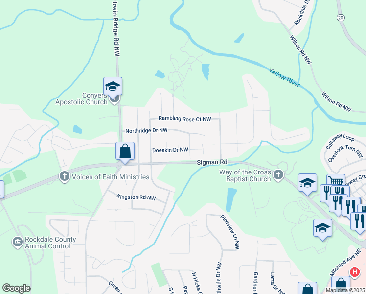 map of restaurants, bars, coffee shops, grocery stores, and more near 898 Doeskin Drive Northwest in Conyers
