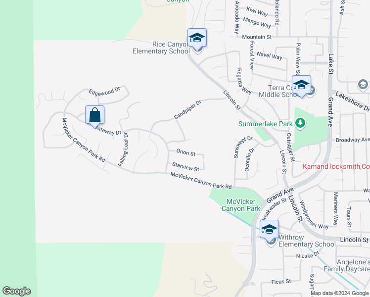 map of restaurants, bars, coffee shops, grocery stores, and more near 15502 Orion Street in Lake Elsinore