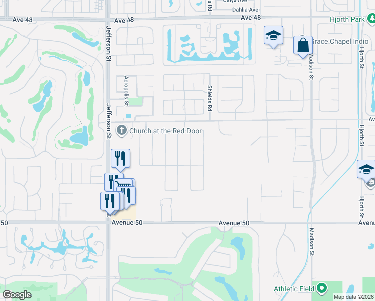 map of restaurants, bars, coffee shops, grocery stores, and more near 49347 Gila River Street in Indio