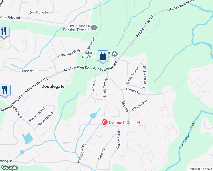 map of restaurants, bars, coffee shops, grocery stores, and more near 4230 Single Tree Drive in Douglasville