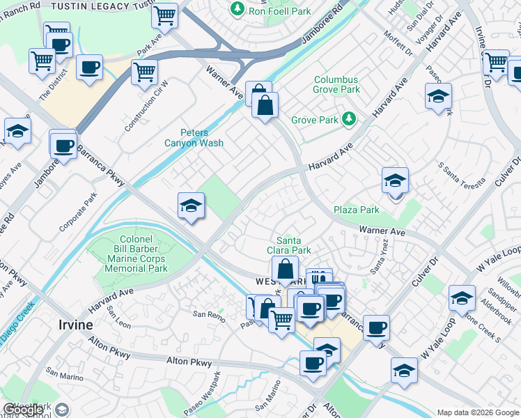 map of restaurants, bars, coffee shops, grocery stores, and more near 1 La Ronda in Irvine