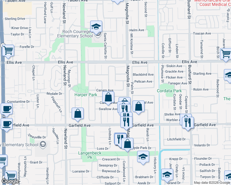 map of restaurants, bars, coffee shops, grocery stores, and more near 8884 Nightingale Avenue in Fountain Valley
