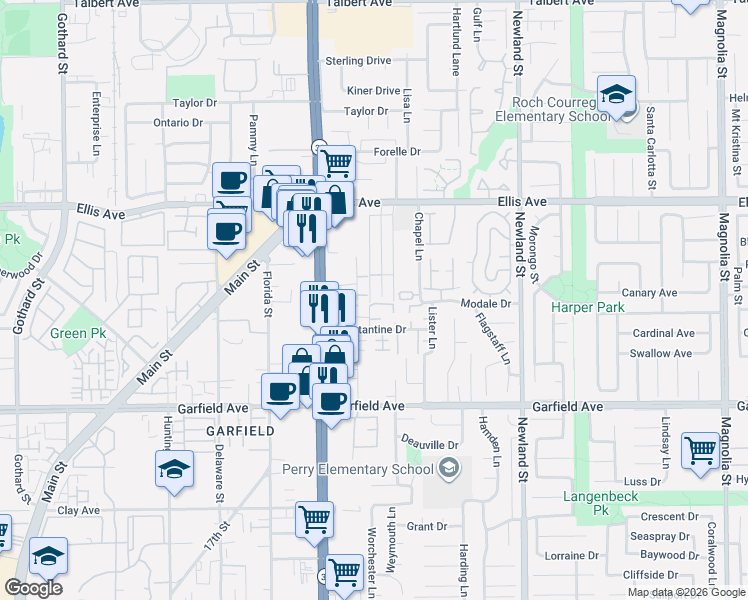 map of restaurants, bars, coffee shops, grocery stores, and more near 18761 Hoyt Circle in Huntington Beach