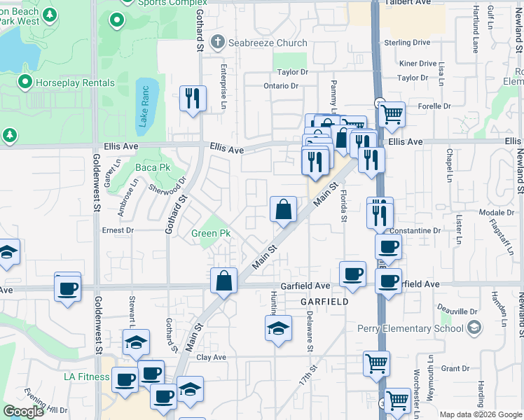 map of restaurants, bars, coffee shops, grocery stores, and more near 18746 Park Brook Lane in Huntington Beach