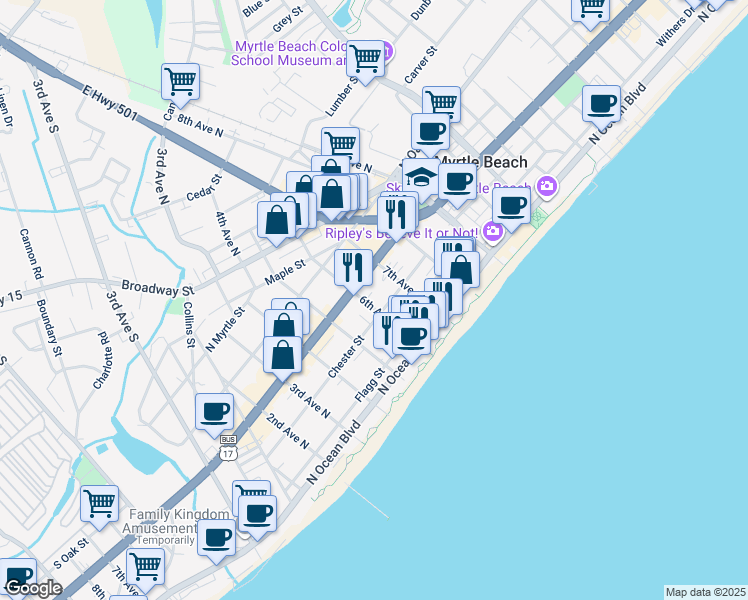 map of restaurants, bars, coffee shops, grocery stores, and more near 403 6th Avenue North in Myrtle Beach
