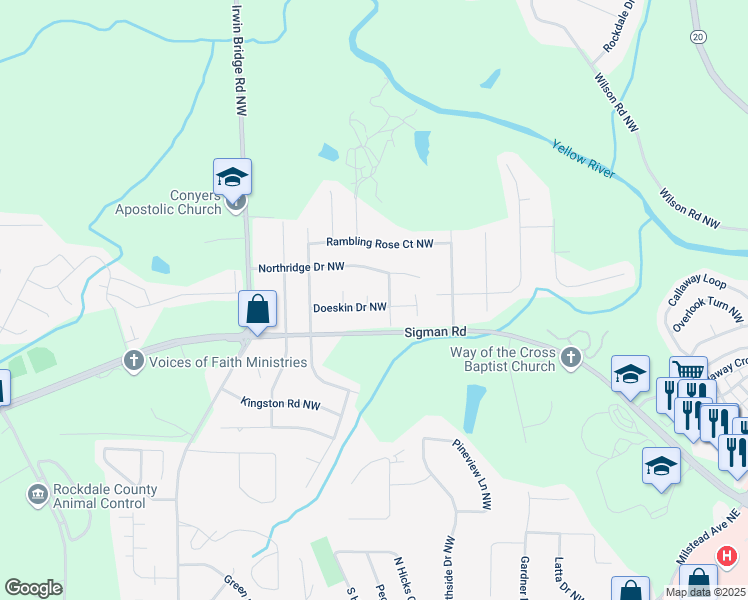 map of restaurants, bars, coffee shops, grocery stores, and more near 898 Doeskin Drive Northwest in Conyers