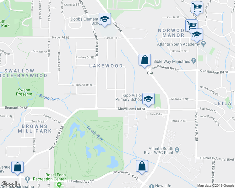 map of restaurants, bars, coffee shops, grocery stores, and more near 2339 Carey Drive Southeast in Atlanta