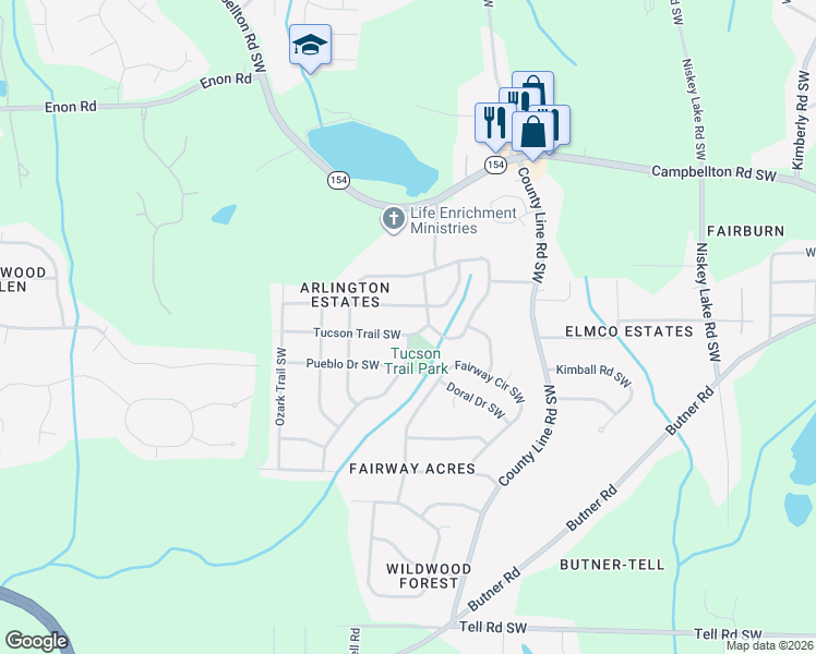 map of restaurants, bars, coffee shops, grocery stores, and more near 4638 Tucson Trail Southwest in Atlanta