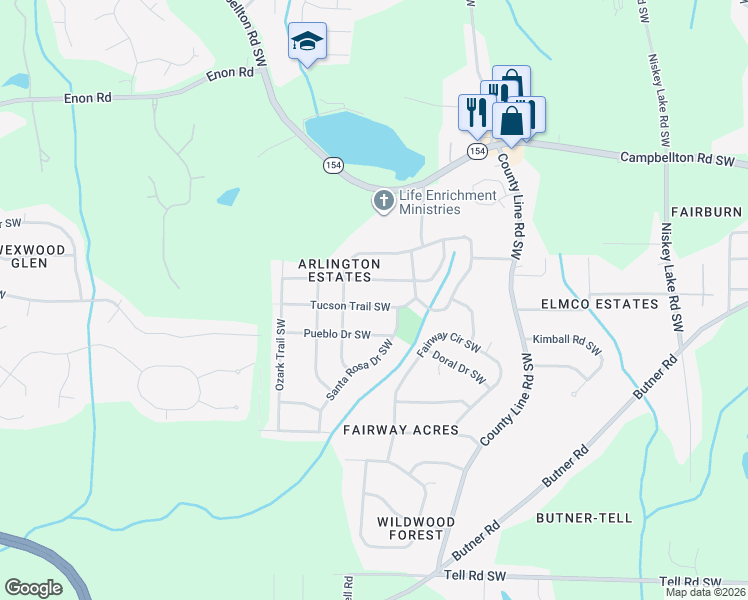 map of restaurants, bars, coffee shops, grocery stores, and more near 4638 Tucson Trail Southwest in Atlanta