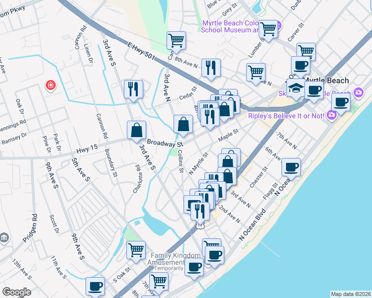 map of restaurants, bars, coffee shops, grocery stores, and more near 200 Collins Street in Myrtle Beach