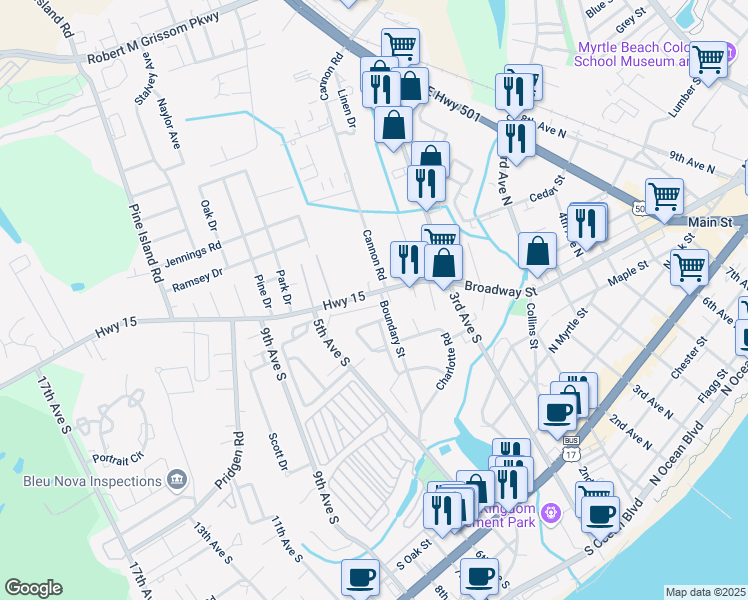 map of restaurants, bars, coffee shops, grocery stores, and more near 801 Tip Top Lane in Myrtle Beach
