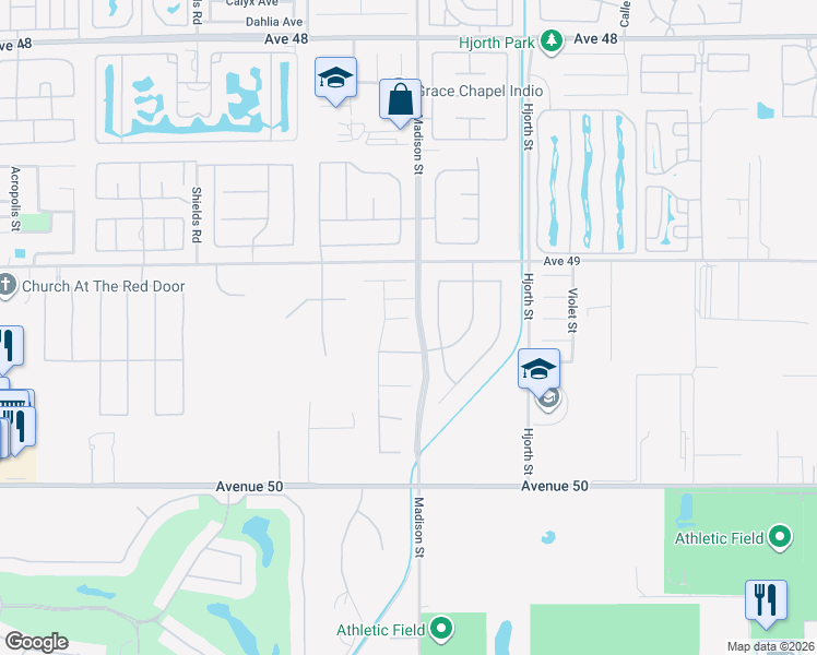 map of restaurants, bars, coffee shops, grocery stores, and more near 80959 Rockberry Court in Indio