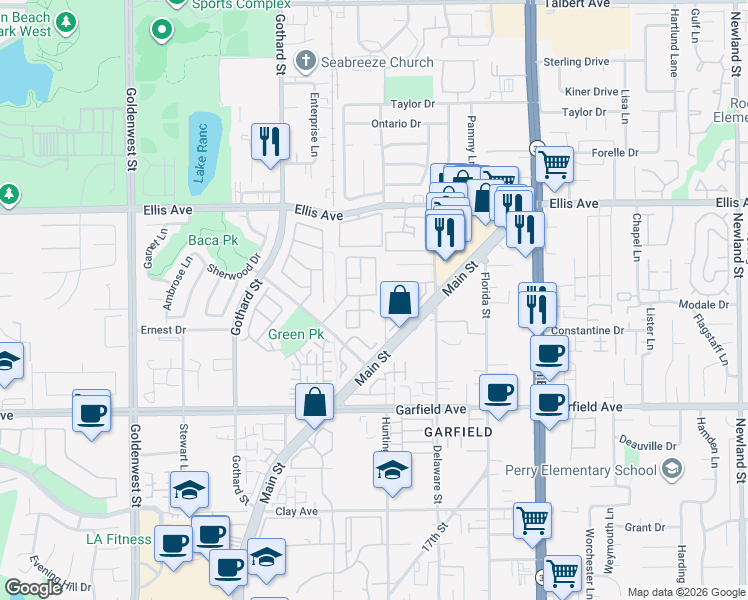 map of restaurants, bars, coffee shops, grocery stores, and more near 18746 Park Brook Lane in Huntington Beach