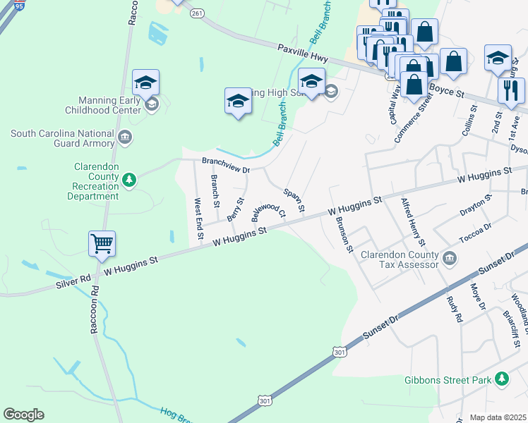 map of restaurants, bars, coffee shops, grocery stores, and more near 813 West Huggins Street in Manning