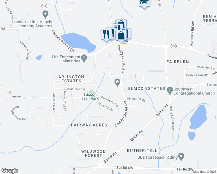 map of restaurants, bars, coffee shops, grocery stores, and more near 2364 Durango Road Southwest in Atlanta