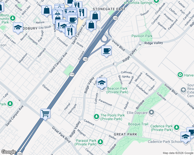 map of restaurants, bars, coffee shops, grocery stores, and more near 209 Follyhatch in Irvine