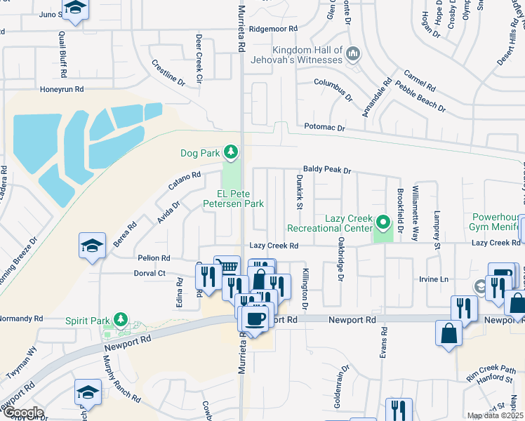 map of restaurants, bars, coffee shops, grocery stores, and more near 29651 Squaw Valley Drive in Menifee