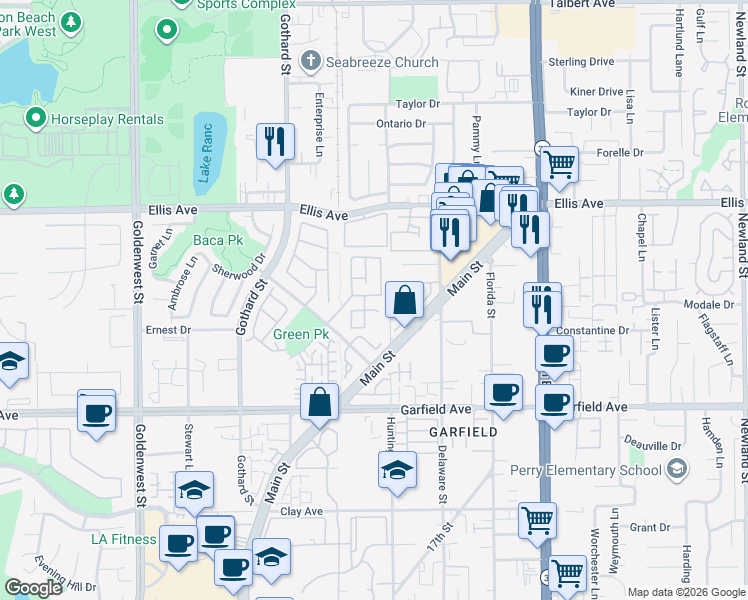 map of restaurants, bars, coffee shops, grocery stores, and more near 18746 Park Brook Lane in Huntington Beach