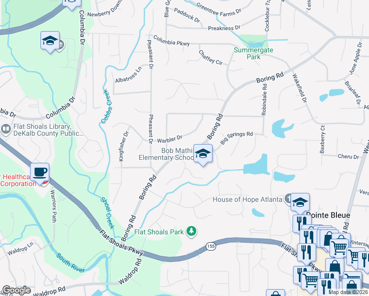 map of restaurants, bars, coffee shops, grocery stores, and more near 3455 Boring Road in Decatur