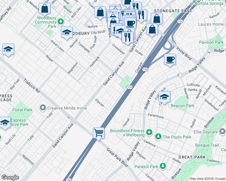 map of restaurants, bars, coffee shops, grocery stores, and more near 320 Bronze in Irvine
