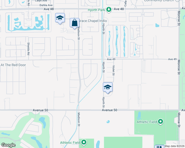 map of restaurants, bars, coffee shops, grocery stores, and more near 49286 Montpelier Drive in Indio