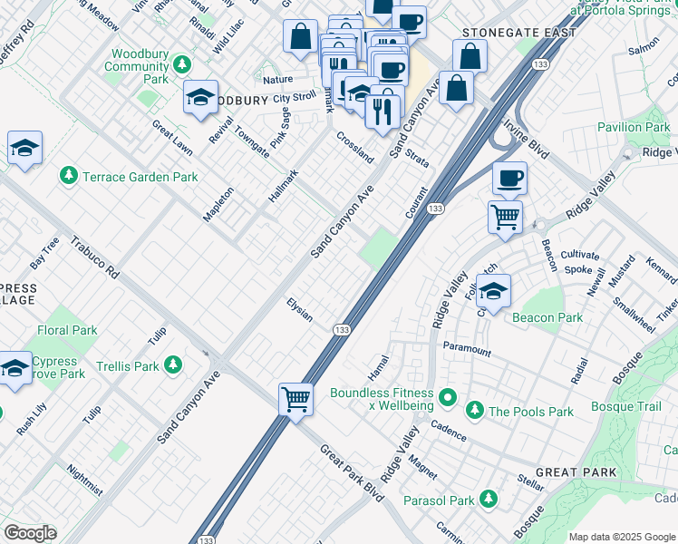 map of restaurants, bars, coffee shops, grocery stores, and more near 320 Bronze in Irvine