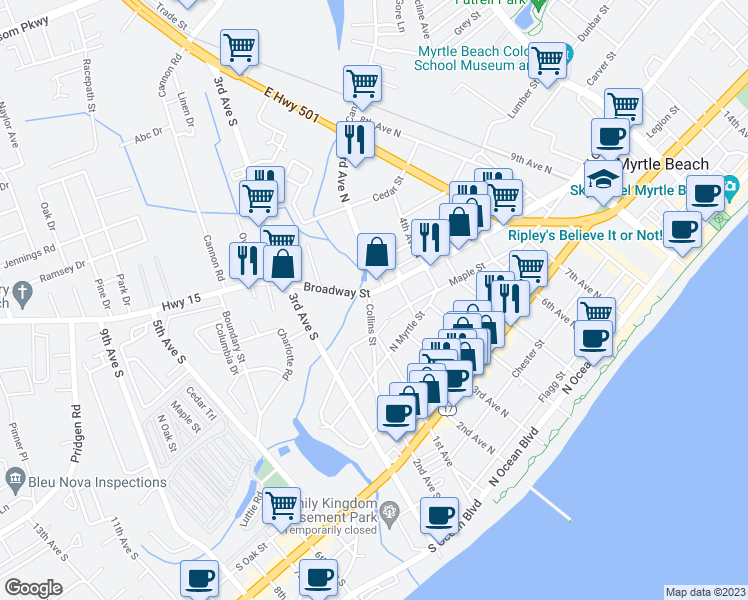 map of restaurants, bars, coffee shops, grocery stores, and more near 200 Collins Street in Myrtle Beach
