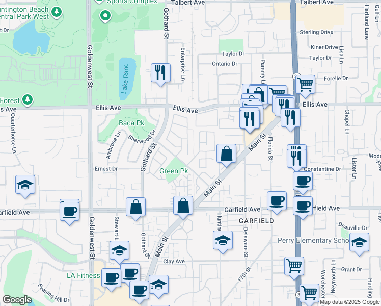 map of restaurants, bars, coffee shops, grocery stores, and more near 18742 Calera Lane in Huntington Beach
