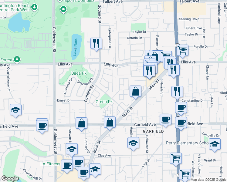 map of restaurants, bars, coffee shops, grocery stores, and more near 18742 Calera Lane in Huntington Beach