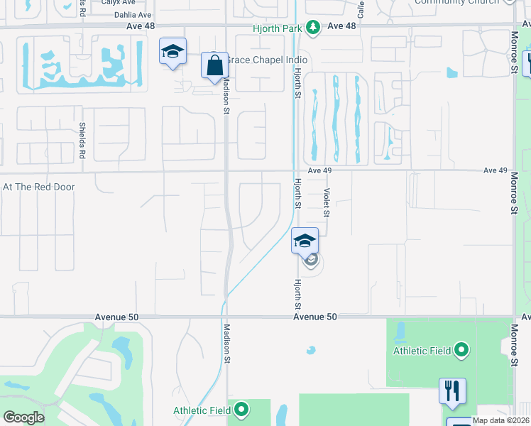 map of restaurants, bars, coffee shops, grocery stores, and more near 49286 Montpelier Drive in Indio