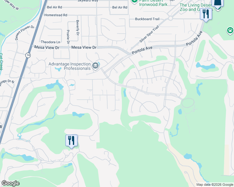 map of restaurants, bars, coffee shops, grocery stores, and more near 49180 Sunrose Lane in Palm Desert