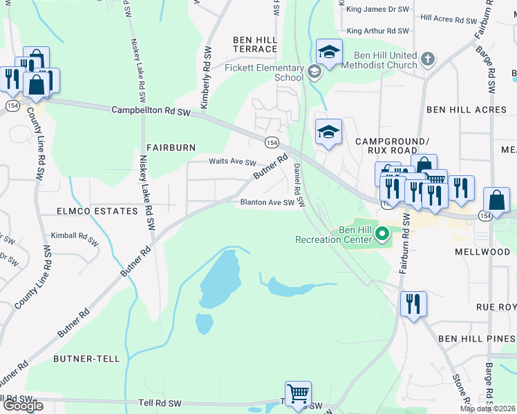map of restaurants, bars, coffee shops, grocery stores, and more near 4040 Blanton Avenue Southwest in Atlanta
