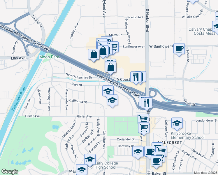 map of restaurants, bars, coffee shops, grocery stores, and more near 1649 Iowa Street in Costa Mesa