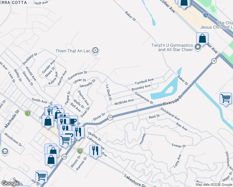 map of restaurants, bars, coffee shops, grocery stores, and more near 17520 Bromley Avenue in Lake Elsinore
