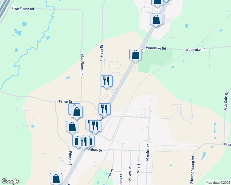 map of restaurants, bars, coffee shops, grocery stores, and more near 5213 Texoma Parkway in Sherman