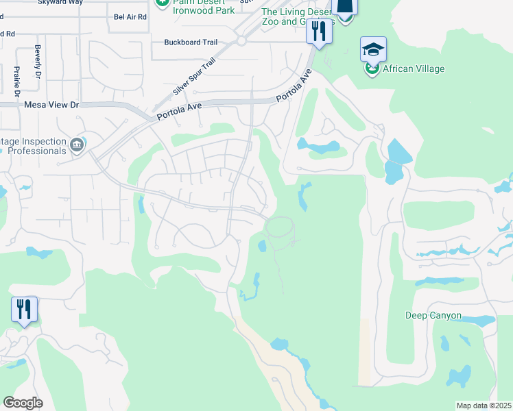 map of restaurants, bars, coffee shops, grocery stores, and more near 73698 Irontree Drive in Palm Desert