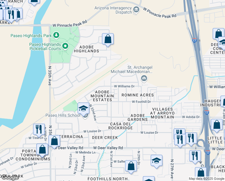 map of restaurants, bars, coffee shops, grocery stores, and more near 22421 North 31st Drive in Phoenix