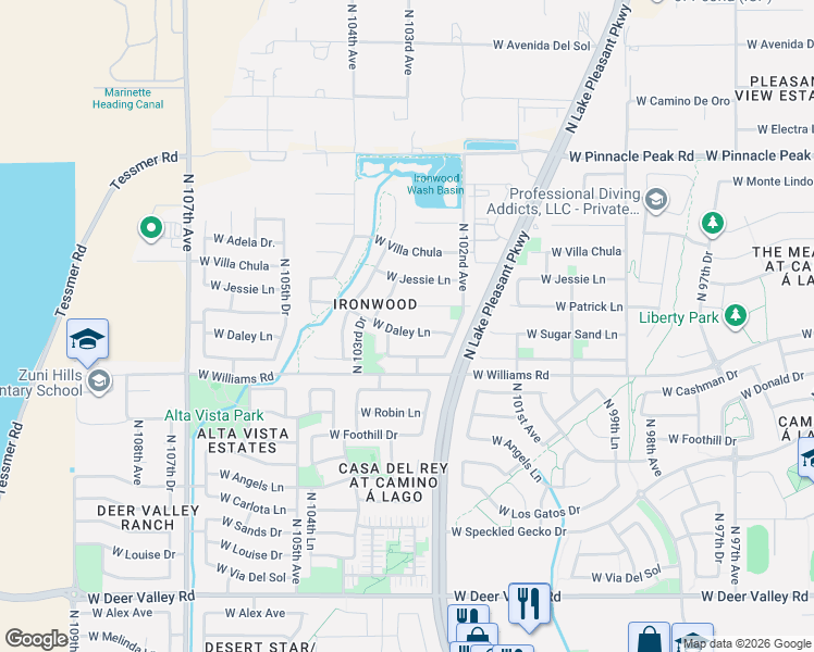 map of restaurants, bars, coffee shops, grocery stores, and more near 10237 West Daley Lane in Peoria