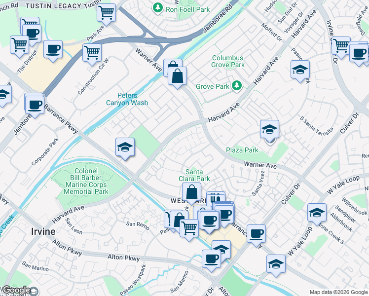 map of restaurants, bars, coffee shops, grocery stores, and more near 1 La Ronda in Irvine