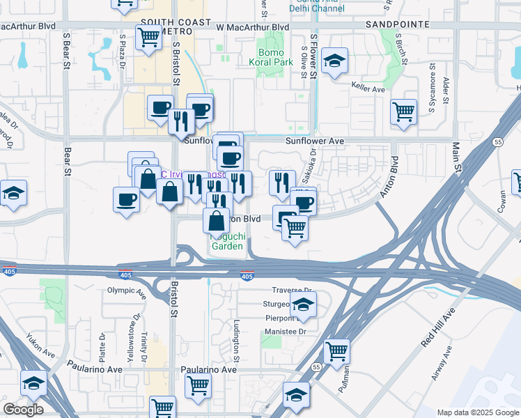 map of restaurants, bars, coffee shops, grocery stores, and more near 591 Anton Boulevard in Costa Mesa