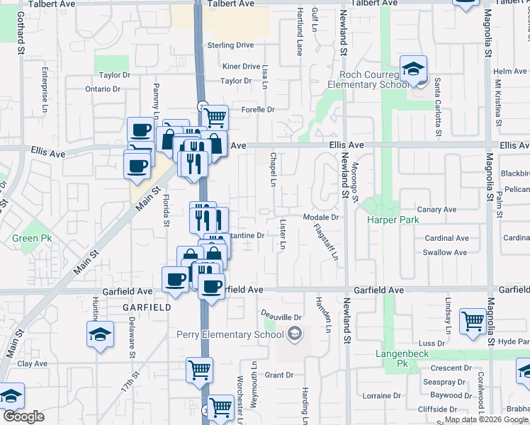 map of restaurants, bars, coffee shops, grocery stores, and more near 18792 Tulipwood Circle in Huntington Beach