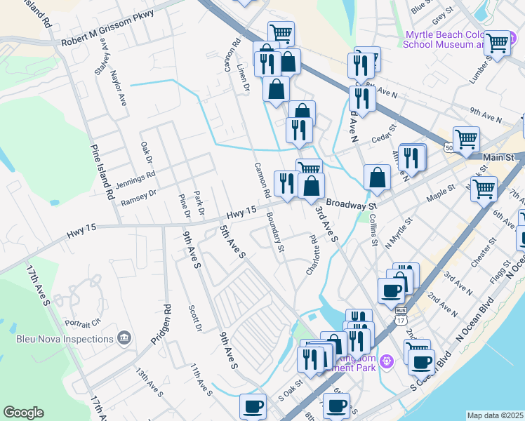 map of restaurants, bars, coffee shops, grocery stores, and more near 10 Columbia Drive in Myrtle Beach