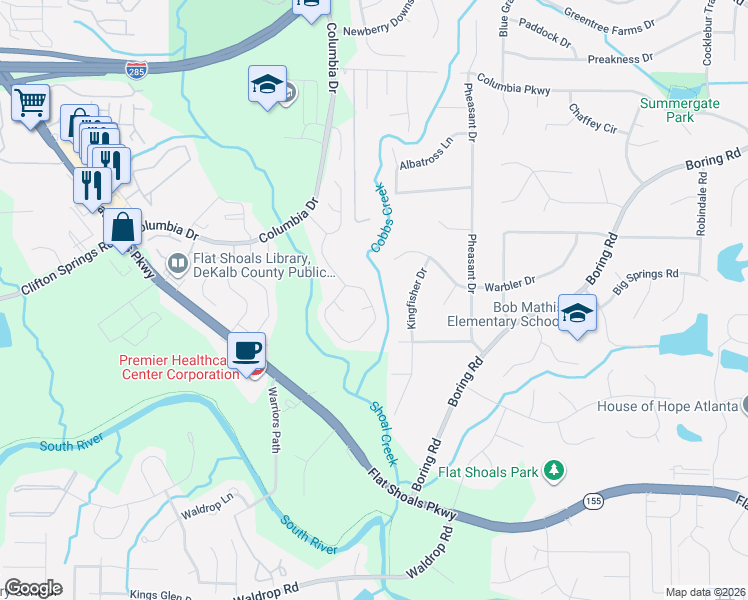 map of restaurants, bars, coffee shops, grocery stores, and more near 3395 Springside Trail in Decatur