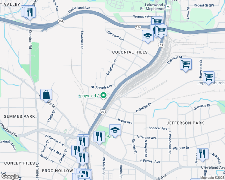 map of restaurants, bars, coffee shops, grocery stores, and more near 2373 Main Street in East Point