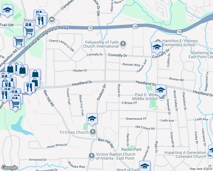 map of restaurants, bars, coffee shops, grocery stores, and more near 2378 Dodson Drive in East Point