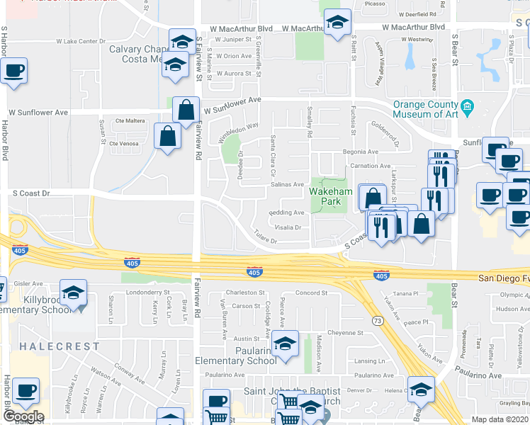 map of restaurants, bars, coffee shops, grocery stores, and more near 1106 Redding Avenue in Costa Mesa