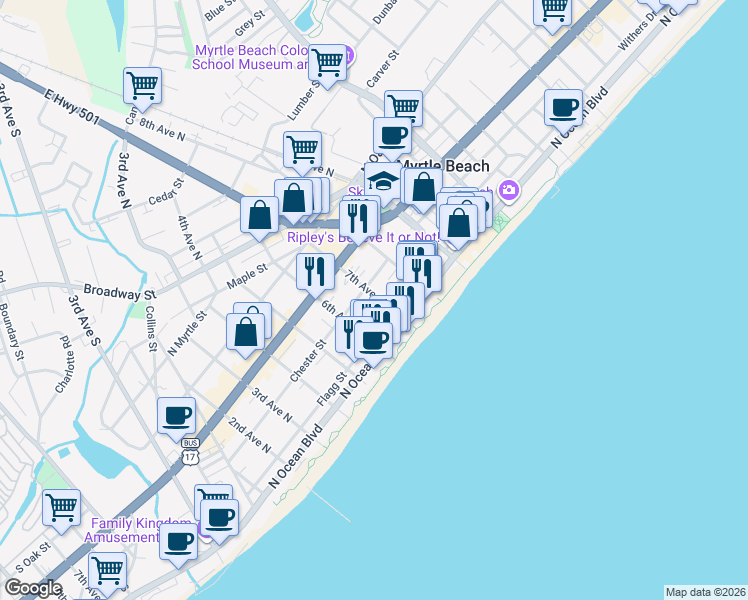 map of restaurants, bars, coffee shops, grocery stores, and more near 309 7th Avenue North in Myrtle Beach