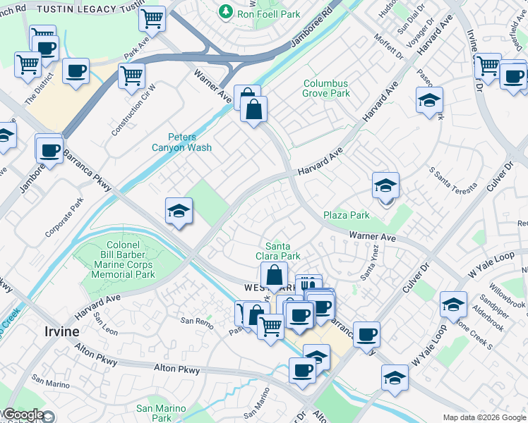 map of restaurants, bars, coffee shops, grocery stores, and more near 1 La Ronda in Irvine
